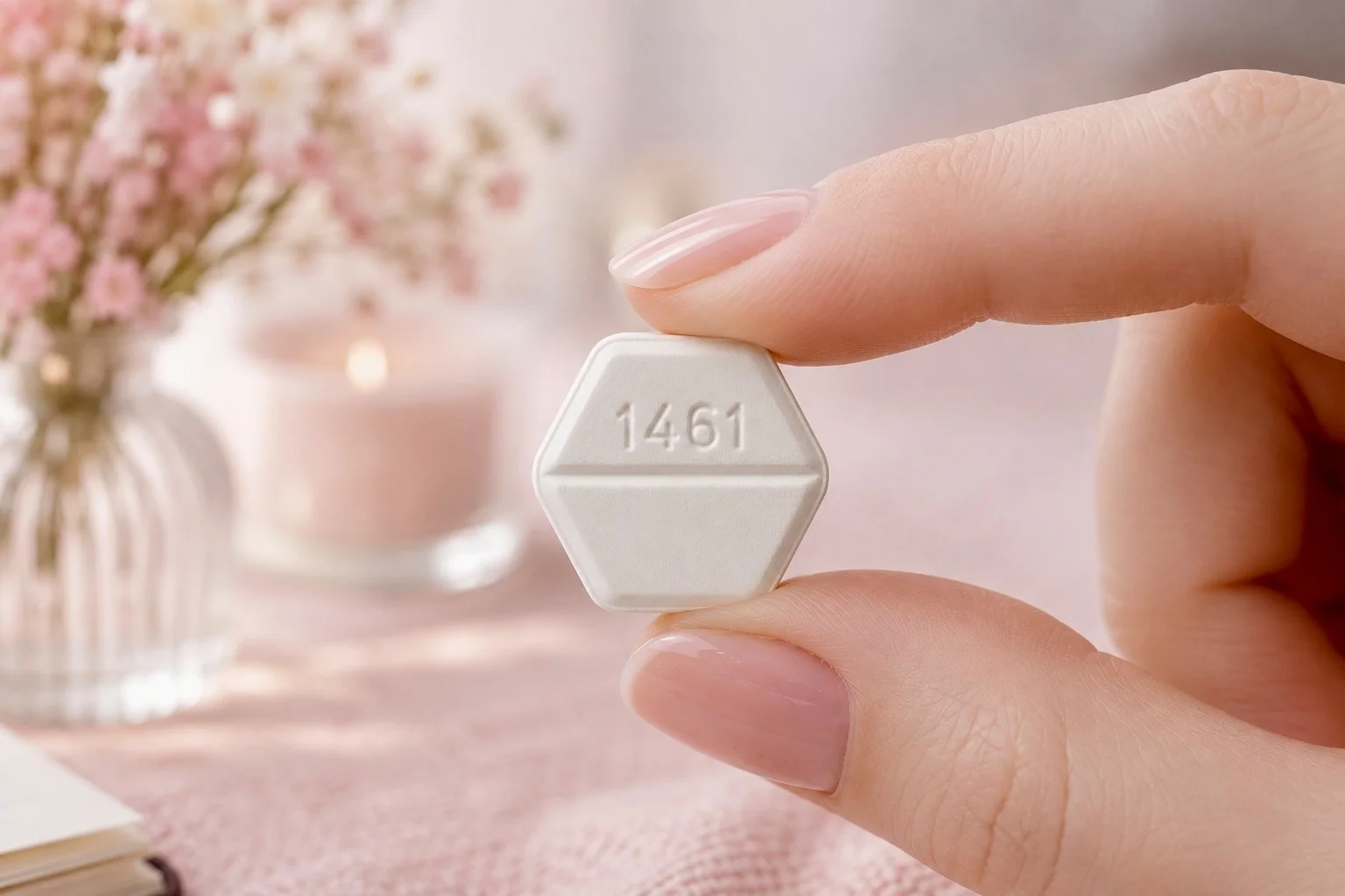 Pastilla hexagonal de misoprostol código 1461 sostenida entre los dedos
